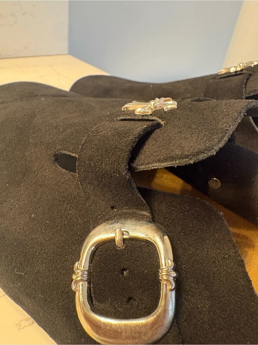 Birkenstock Black Suede Clog with Silver Buckle